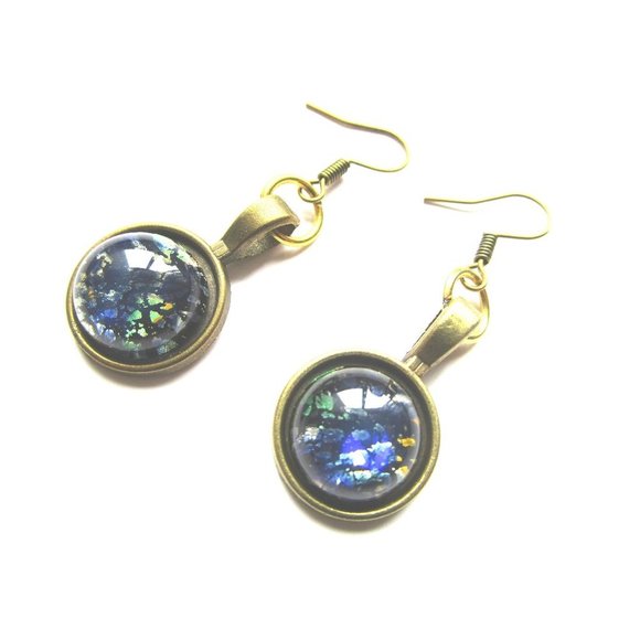 Bronze nickel free blue gold galaxy earrings - stainless steel nickel free hook - Picture 1 of 9